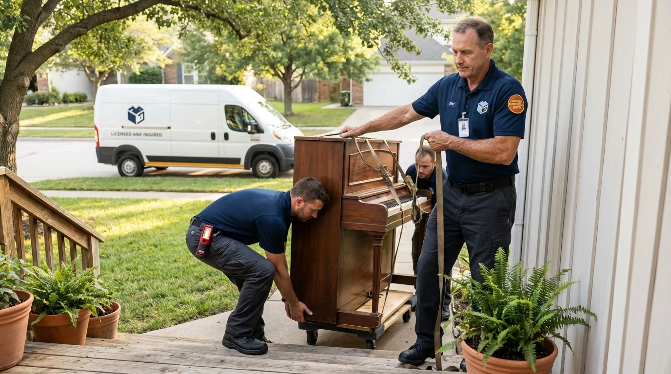 Licensed piano movers securing grand piano in Rock Springs, WY