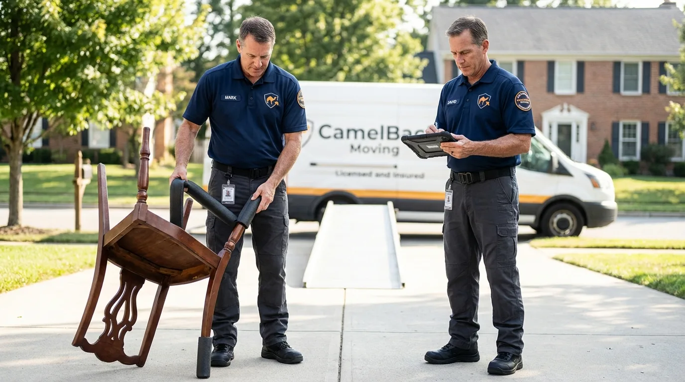 Movers inspecting furniture for damage prevention before loading in Rock Springs, WY