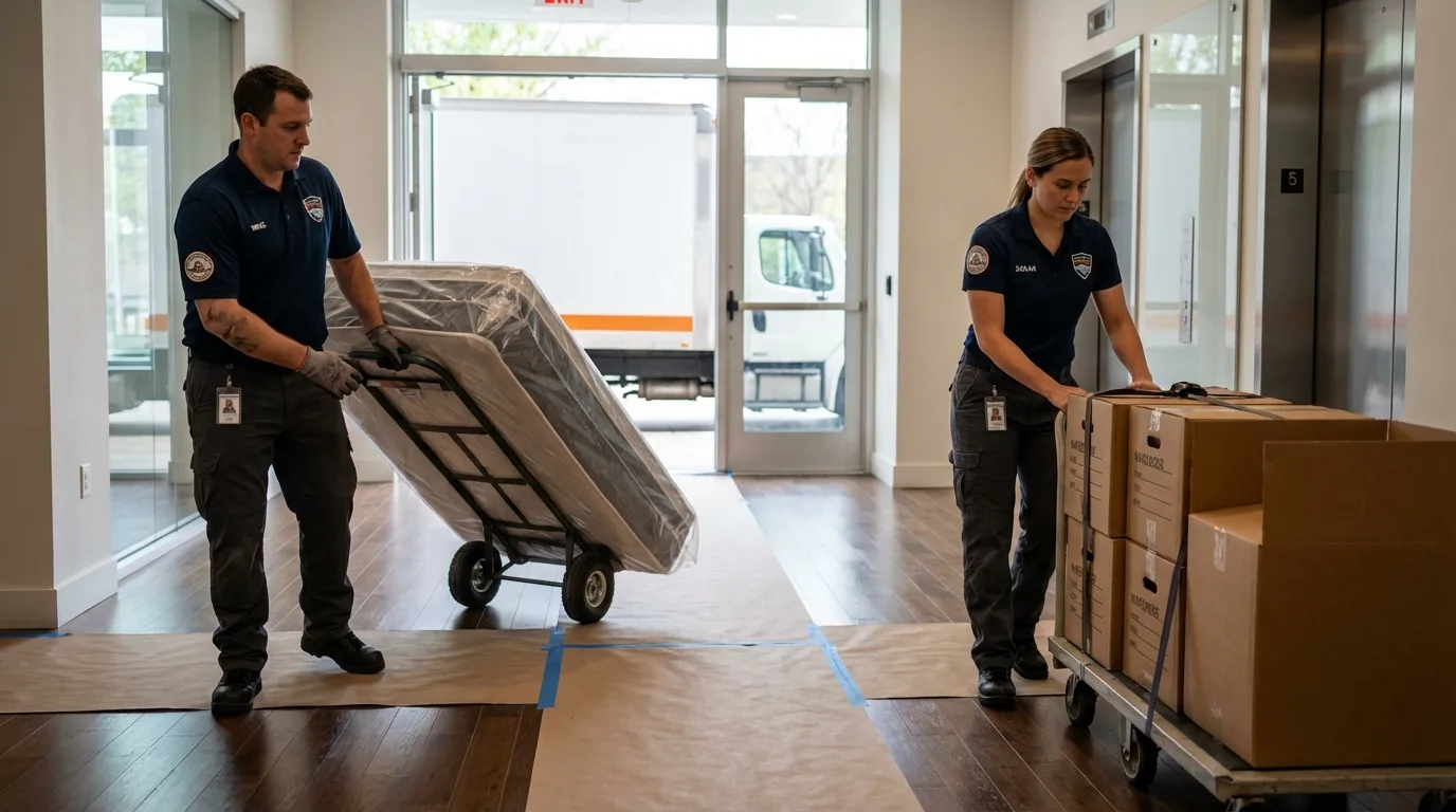 Professional apartment movers loading elevator in Rock Springs, WY