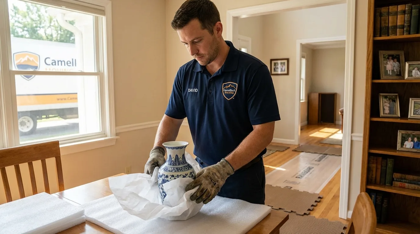 Professional crew carefully wrapping antique vase for senior downsizing move in Rock Springs, WY